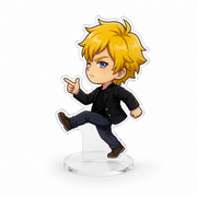 Stained glass acrylic standee detail with clear acrylic coffin shape